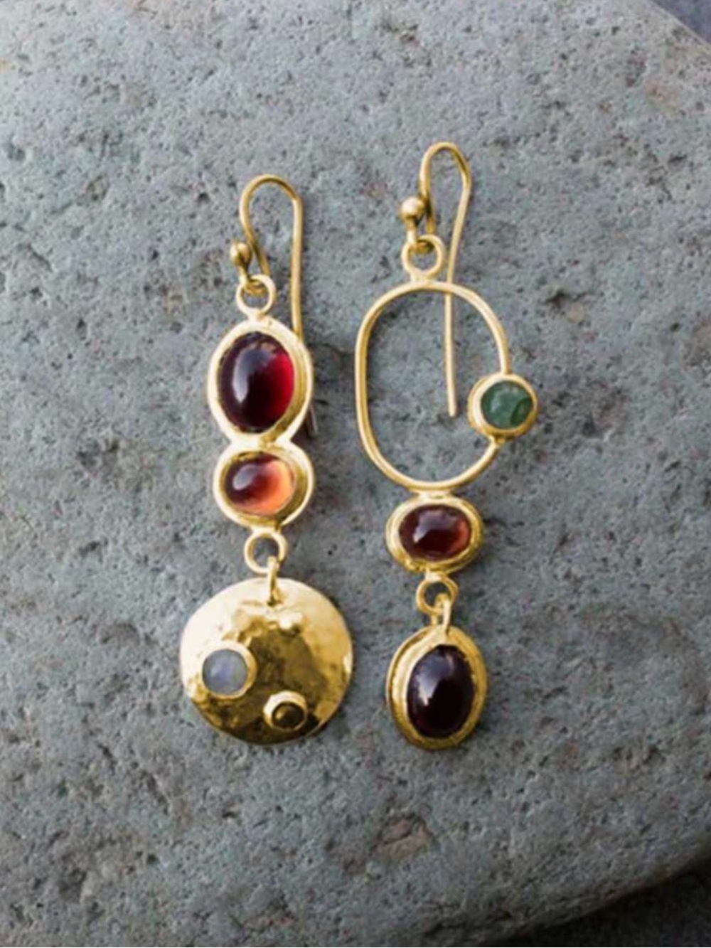 Gold Tone Multi-Gem Asymmetric Drop Earrings - Red, Green, Brown Accents